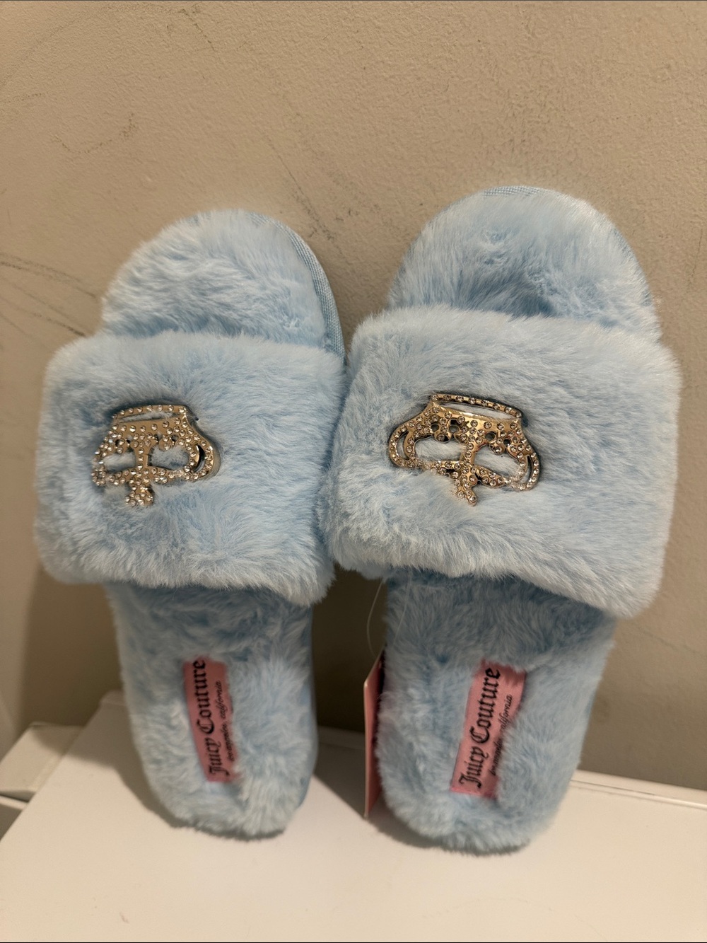 Juicy Couture Baby Blue Faux Fur Jeweled Logo Slide Slippers